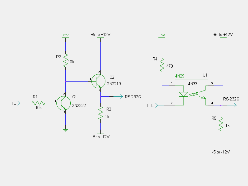 Převodník TTL↔RS232C s trazistorů a optočlenu
