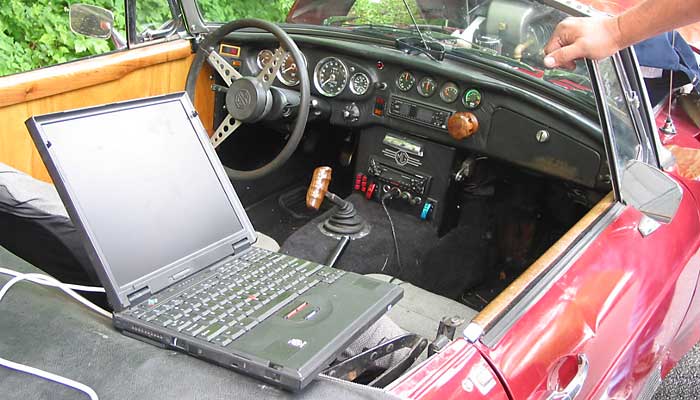 Data acquisition, analysis, and action! Jim adjusts ignition advance and MegaSquirt fuel injection maps on-the-fly.