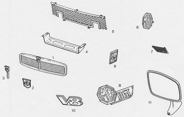 MGB GT V8 parts - Grilles, Badges and Door Mirrors