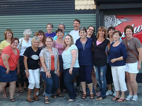 The ladies of BritishV8 2010 pause for an after dinner photo opportunity outside the Union Jack Pub.