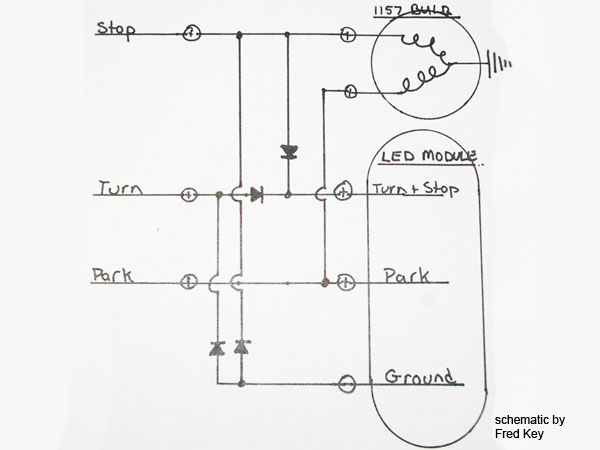 Four diodes keep the lamps functioning as intended in all situations.