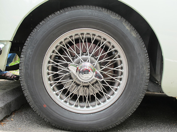 Stock MGB 14 inch wire wheels.